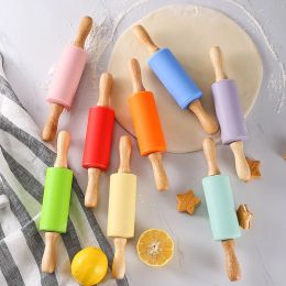23cm Mini Silicone Rolling Pin 4 Sweet Colors Wood Handle Non-stick Dough Roller Parent Child DIY Baking Pastry Tools