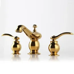 Bathroom Sink Faucets Top Quality Gold Faucet Three Holes Two Handle Basin Mixer Golden Cold Water Tap Occident Style