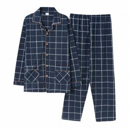autumn Winter Knitted Cott Men Sleepwear Suits Plaid Pajamas Lg Sleeve Turn-down Collar Loose Soft Plus Size Male Homewear y9mo#