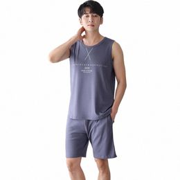 new Knited Cott Men Pajama Set Summer Sleevel Sleepwear Big Size M-4XL Leisure Suits Nightwear Men Pijamas A1ve#