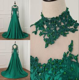 Real Po Dark Green African Nigerian lace styles Evening Dresses Elegant Long Sleeves Formal Gowns Cheap A line Satin Beads Prom3868179