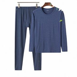 comfort Soft 95% Bamboo Fiber Sleepwear For Slee Men Winter Pajama Lg Sleeve Top And Trousers Set Solid Thermal Undershirt i0hc#