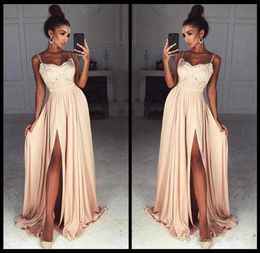 Elegant Chiffon Prom Dresses Long Spaghetti Straps Lace Top Side Split Sexy Evening Party Dress Custom Made Cheap Bridesmaid Dress7361888