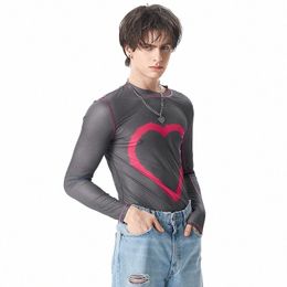 incerun Tops 2023 Stylish New Men Funny Love Pattern Printed Ctrast Colour T-shirts Sexy Comfortable Thin Mesh Tight Tees S-5XL J1Ax#