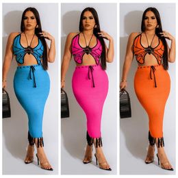Crochet Two Pieces Outfits Sexy Women Buterfly Crop Top And Tassel Bodycon Skirts Swimwear Cover-ups Beach Wear