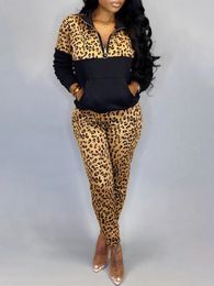 LW Plus Size Womens matching sets Leopard Print Kangaroo Pocket Pants Set 2024 Spring women Two pieces Casual Oufits 240307
