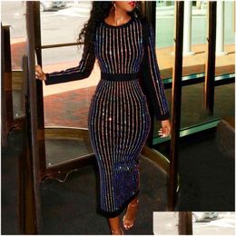 Basic & Casual Dresses Stripes Binding Sequin Party Dress Women Long Sleeve Diamonds Bodycon Y Shinny Skinny Vestidos Verano 2021 Dro Otwri