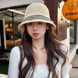 Wide Brim Hats 2024 Korean Version Women's Summer Hollow Straw Hat Short Knitted Breathable Niche Sunshade Foldable Simple Bucket Cap