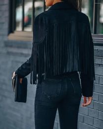 Women's Jackets VOLALO Fringed Bomber Jacket Women Spring Fashion Long Sleeve Turn-down Collar Open Stitch Slim