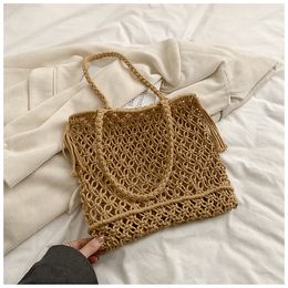 straw bag Spring Hollow woven bag Pearl Chain shoulder bags Summer flower tote women bag handbags totes lady crossbody letter clutch woven purses