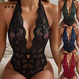 Sexy Crotchless Blue Lingerie Women Lace Hollow Bra Set Erotic Costumes Teddy Baby Doll Dress Deep V Open Underwear 240311