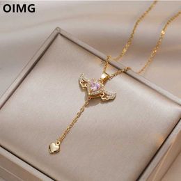 Pendant Necklaces OIMG 316L Stainless Steel Gold Color Cupid Angels Wings Pendant Necklace For Women Girls Clavicle Chain Party Jewelry GiftC24326