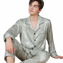 men Ice Silk Pyjamas Suit Summer Plus Size Satin Thin Plaid Pyjamas Male Home Clothes Fi Print High Quality Sleepwear Boy 22cF#