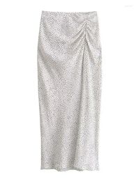 Skirts White Polka Dot Long Skirt For Women 2024 Summer Elegant Split Fashion Back Zipper Chic Folds Thin