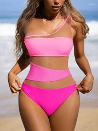 Women's Swimwear One Shoulder Mesh Bikini Piece Swimsuit Sexy Solid 2024 Monokini Push Up Woman Bathing Suits