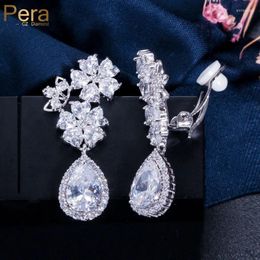 Backs Earrings Pera Elegant Sparkling CZ Stone Leaf Flower Charm Drop No Pierced Ear Clip On For Women Wedding Party Accessories E225