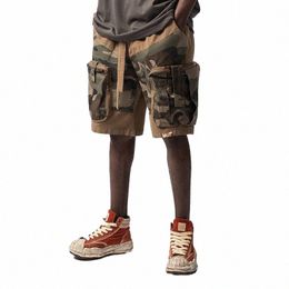 summer Street Multi Pocket Camoue Patchwork Mens Camo Shorts Pants Retro High Street Male Wide Leg Five Point Cargo Pants H6pp#