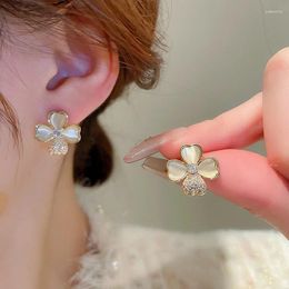 Stud Earrings Sweet Zircon Opal Stone Flower Petal For Women Temperament Small Jewelry