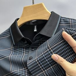 Advanced breathable ice silk short sleeve T-shirt mens lapel summer fashion plaid printing loose casual business polo shirt 240320