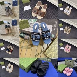 Interlocking G buckle denim blue slippers letter buckle pp straw sandal slippers slip on slides flats mule Embeoidery Matelasse Quilted Leather canvas loafer