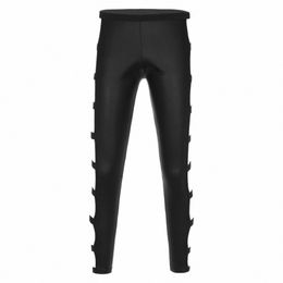 black Mens Hollow Out PU Leather Skinny Pants Elastic Waistband Leggings Cutout Trousers Leggings Club Dance Performance Costume J5Sc#