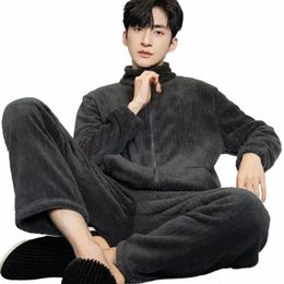 nightwear Soft Suit Piece 2 Thicken Sleepwear Pijama Loungewer Flannel Winter Lg Sleeve Men's Home Sets Pyjamas Male Warm A0pz#