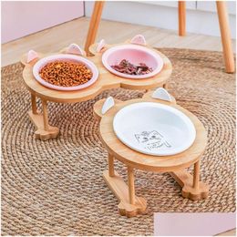 Dog Bowls Feeders Feeding New Highend Pet Bowl Cartoon Cat Ear Patterns Bamboo Frame Ceramic And Drinking For Drop Delivery Home Garde Otgjh