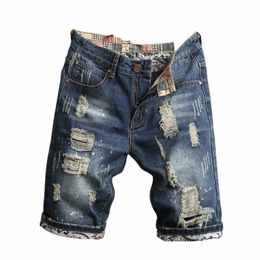 summer New Men Ripped Short Jeans Streetwear Hole Straight Slim Casual Denim Shorts Male Brand Clothes 53LB#
