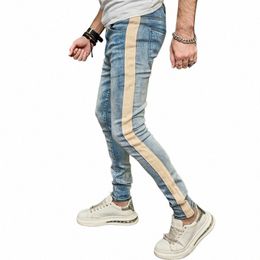 men Spring Stylish Patchwork Slim Pencil Jeans Pants Male Streetwear Solid Colour Casual Denim Trousers 68hM#