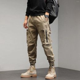 Men's Pants Khaki Cargo Men Drawstring Elastic Waist Trousers Streetwear Multi-Pockets Fashion Casual Work Military