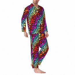 rainbow Love Hearts Sleepwear Autumn Valentine Loose Oversized Pajama Sets Mens Lg Sleeve Kawaii Leisure Custom Nightwear H076#