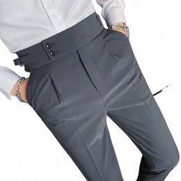 2023 Pockets Legging Fi Formal Pant Men Clothing Double Breasted High Waist Pencil Pants Casual Solid Straight Trousers l9Ji#