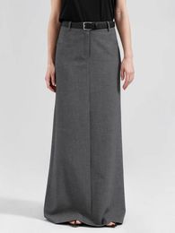 Skirts Fashion High Waist Grey Long Skirt For Women Drape All-Match Elegant Slit Floor-Length Office Ladies Classy Black