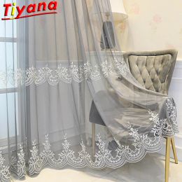 Curtains Beads Embroidered Tulle Curtains for Living Room Light Luxury Pearls Grey Sheer Voile for Balcony Grey Tread Window Screen #VT