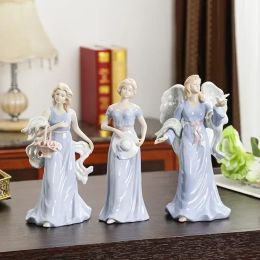 Sculptures European Figure Sculpture Ornament Handpainted Ceramic Light Luxury Angel Girl Art Ornaments Living Room Home Crafts Decoration