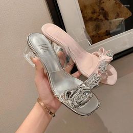 Slippers Silver Patent Leather Women Square Toe Rhinestone Strap Summer Prom Pumps Cute Pink Bowknot High Heels Slides Femmes