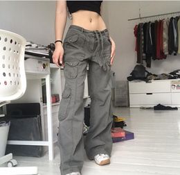 Street trendsetter women's casual loose drawstring waistband high waist pocket Grey wide leg denim pants