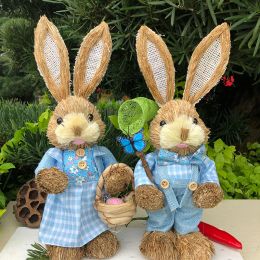 Miniatures 2pcs Easter Straw Bunny Figurines Cute Rabbit Ornament For Easter Party Decoration Home Rabbit Couple Crafts Photo Props Gift