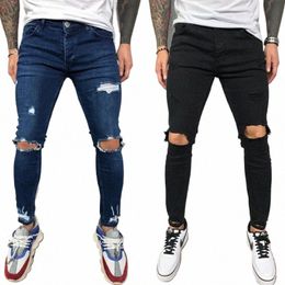 men Jeans Knee Hole Ripped Stretch Skinny Denim Pants Solid Colour Black Blue Autumn Summer Hip-Hop Style Slim Fit Trousers S-4XL f5Fz#