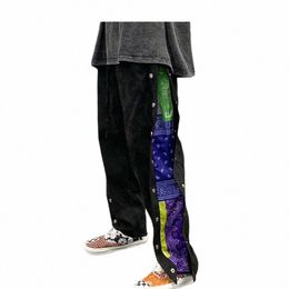 mens Side Butts Patchwork Harajuku Straight Pants Casual Elastic Waist Fake Suede Trousers Hip Hop Streetwear Casual Joggers l23U#