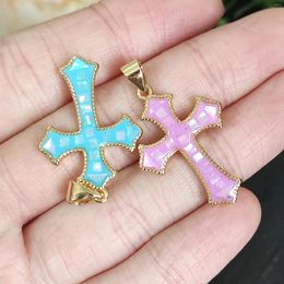 Pendant Necklaces 5pcs Colourful Green/Blue/Pink Cross Crucifix Charm Cute Charms For Christian Necklace Earring Finding DIY Jewellery