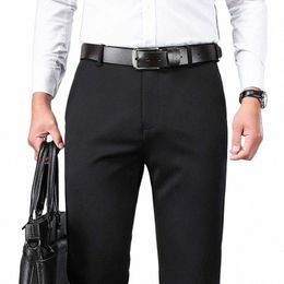 new Spring Suit Pants Men's Black Smart Casual Pants Navy Blue Grey Elastic Busin Formal Straight Luxury Brand Lg Trousers X1dT#