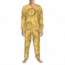 vintage Celestial Sun Pyjama Sets Autumn Yellow Magic Mo Stars Soft Night Sleepwear 2 Pieces Casual Loose Oversized Nightwear t2cn#