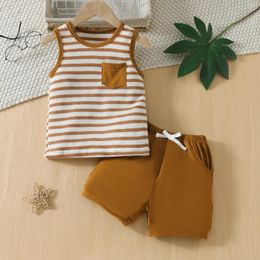 Clothing Sets Summer Toddler Boys Stripe Tracksuits Casual Pocket Sleeveless Tank Tops Elastic Waist Shorts Children 2Pcs Suit