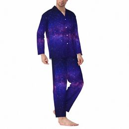 galaxy Sky Pyjamas Male Purple Starry Night Print Comfortable Night Sleepwear Autumn 2 Pieces Retro Oversized Graphic Home Suit R8vQ#