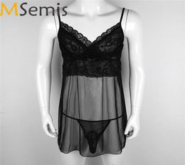 MSemis Mens dress Sissy Lingerie Nightwear Gay Lace Mesh Sheer Sleepwear for Men with G-string Jockstrap Underwear Panties6935863