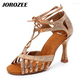 Dance Shoes JOROZEE Women's Bronze Satin Strap Size Rhinestone 9cm Cuban High Heel Soft Bottom