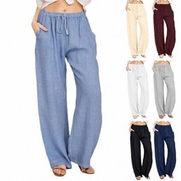 women's Cott Linen Pants Fi Solid Pocket Drawstring Baggy Trousers Comfort Loose Wide Leg Pant Streetwear Sweatpants Men v0qg#