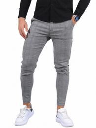 casual Men's Busin Cott Slim Fit Men Pants Trousers Skinny Chinos Grey Ankle Length Street Wear Plaid Striped Pencil Pants P3JJ#