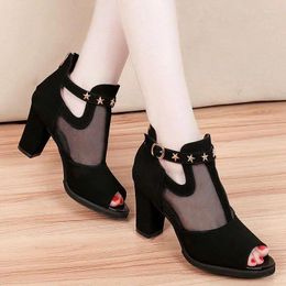 Dress Shoes 2024 Women Pumps High Thick Black Heels Ladies Rivet Mesh Zipper Open Toe Casual Party Wedding Platform Chunky Sandal